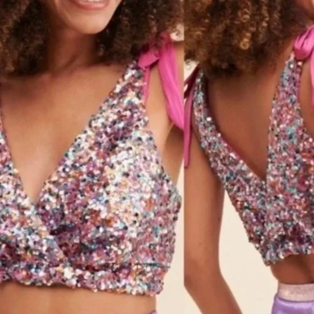 Intimately Free People Big Night Sequin Tie Shoulder Crop Top halter Sz Small - Picture 2 of 7